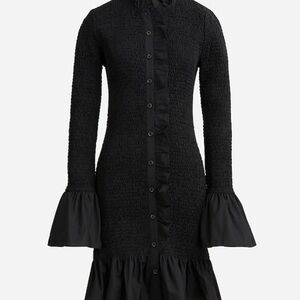 J. Crew Black Smocked Ruffle-Trim Long Sleeve Midi Dress